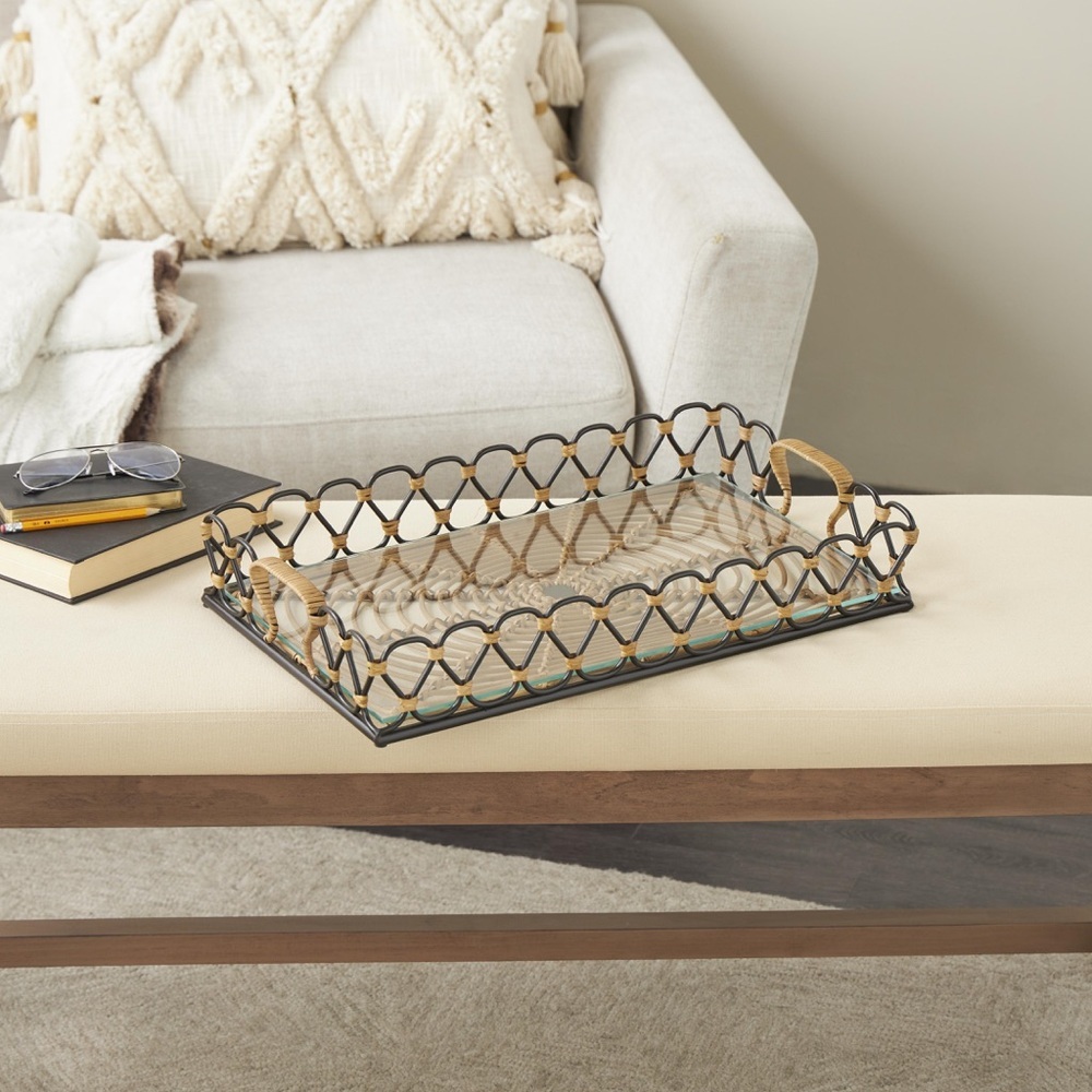 UMA Black Metal Decorative Tray Glass Base Rattan Woven Rectangular Brand New - Picture 4 of 5